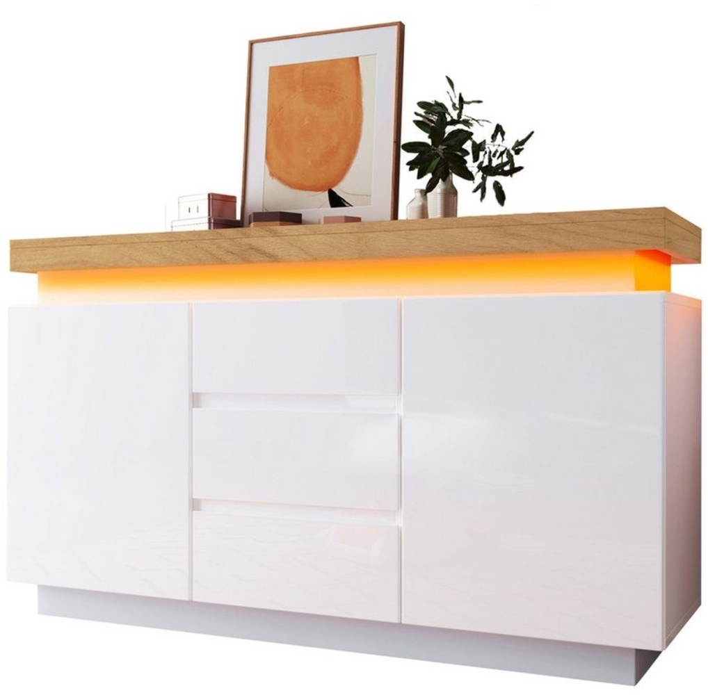 OKWISH Sideboard mit großen Stauraum (Mehrzweckschrank, 1 St, 2 Türen und 3 Schubladen), Hochglanz Kommode mit LED Beleuchtung (App -Steuerung) Bild 1