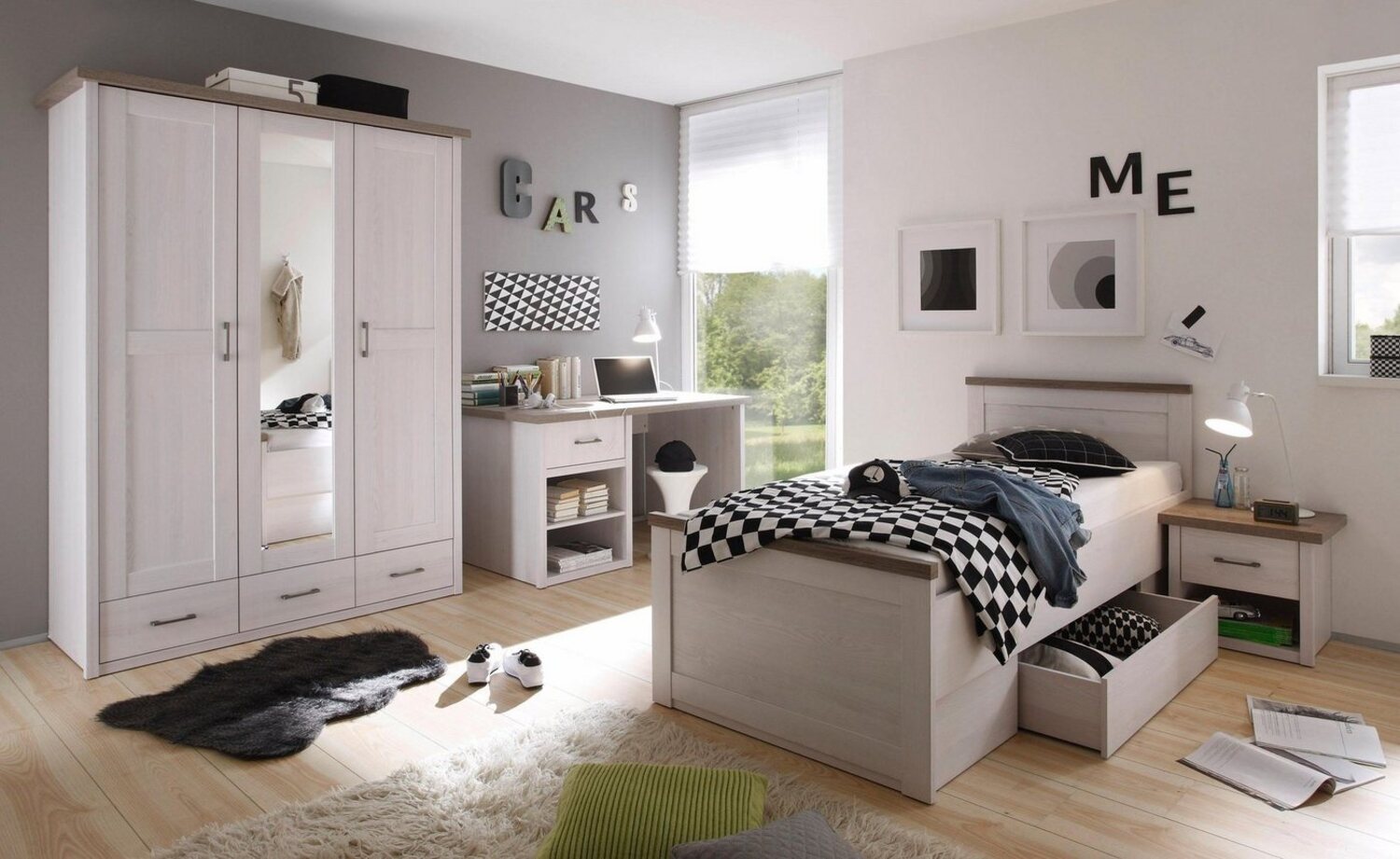 Jugendzimmer Luca in Pinie Weiß und Trüffel 5 teiliges Superset mit Kleiderschrank, 90er Bett mit Nachttisch, Schreibtisch und Standregal - Kinderzimmer Möbel Teenager Zimmer Jungs und Mädchen - MD110116 Bild 1