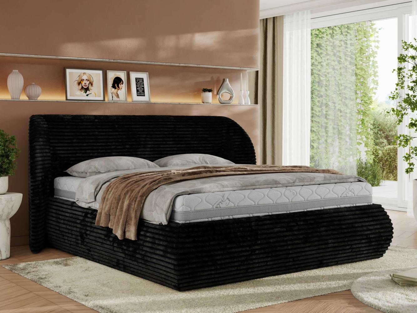 Polsterbett mit Lattenrost, Doppelbett Bettkasten, Bettgestell mit Gasdruckfeder Multipocket Matratze Härtegrad H3/H4 - CAELA CLASSIC - 200 x 200 cm - Schwarz Cord - ELORI LUX Bild 1