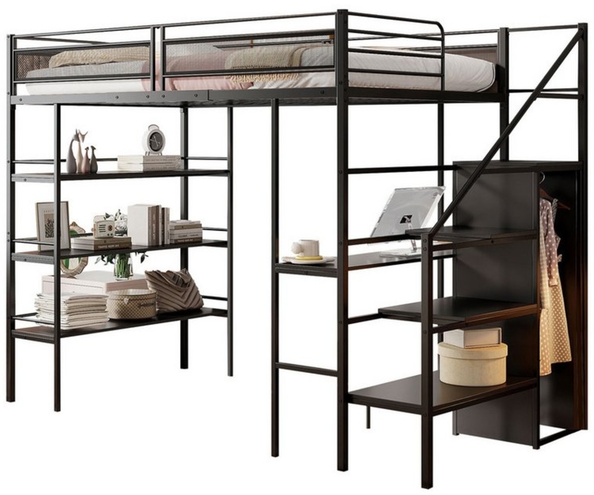 OKWISH Kinderbett Hochbett Metallbett Stauraumbett Jugendbett Eisenbett Gästebett (Mit Schreibtisch, Kleiderschrank und Sicherheitsstufen, Perfekt für Kinder- und Jugendzimmer, Platzsparendes Design, 90x200 cm), ohne Matratze Bild 1