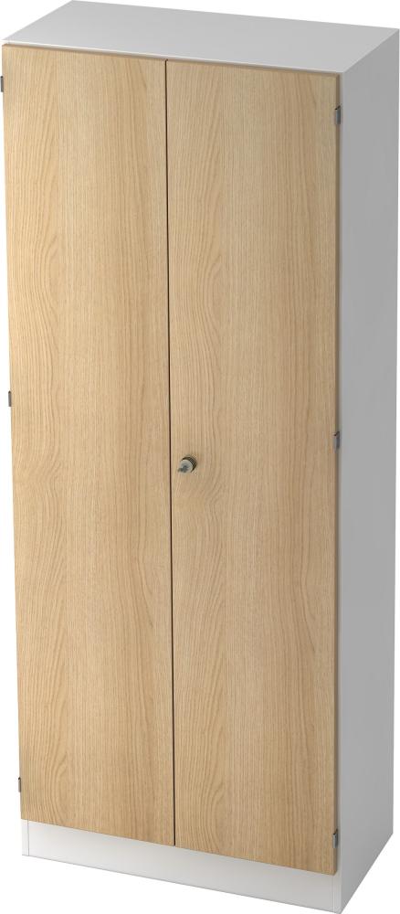 bümö office Kleiderschrank Holz abschließbar mit Spiegel, Büroschrank 80 cm breit in Weiß/Eiche - Flur Schrank als Garderobe für Jacken, Taschen & Co. im Arbeitszimmer - Büro Schrank, 6200-W-E-SG Bild 1