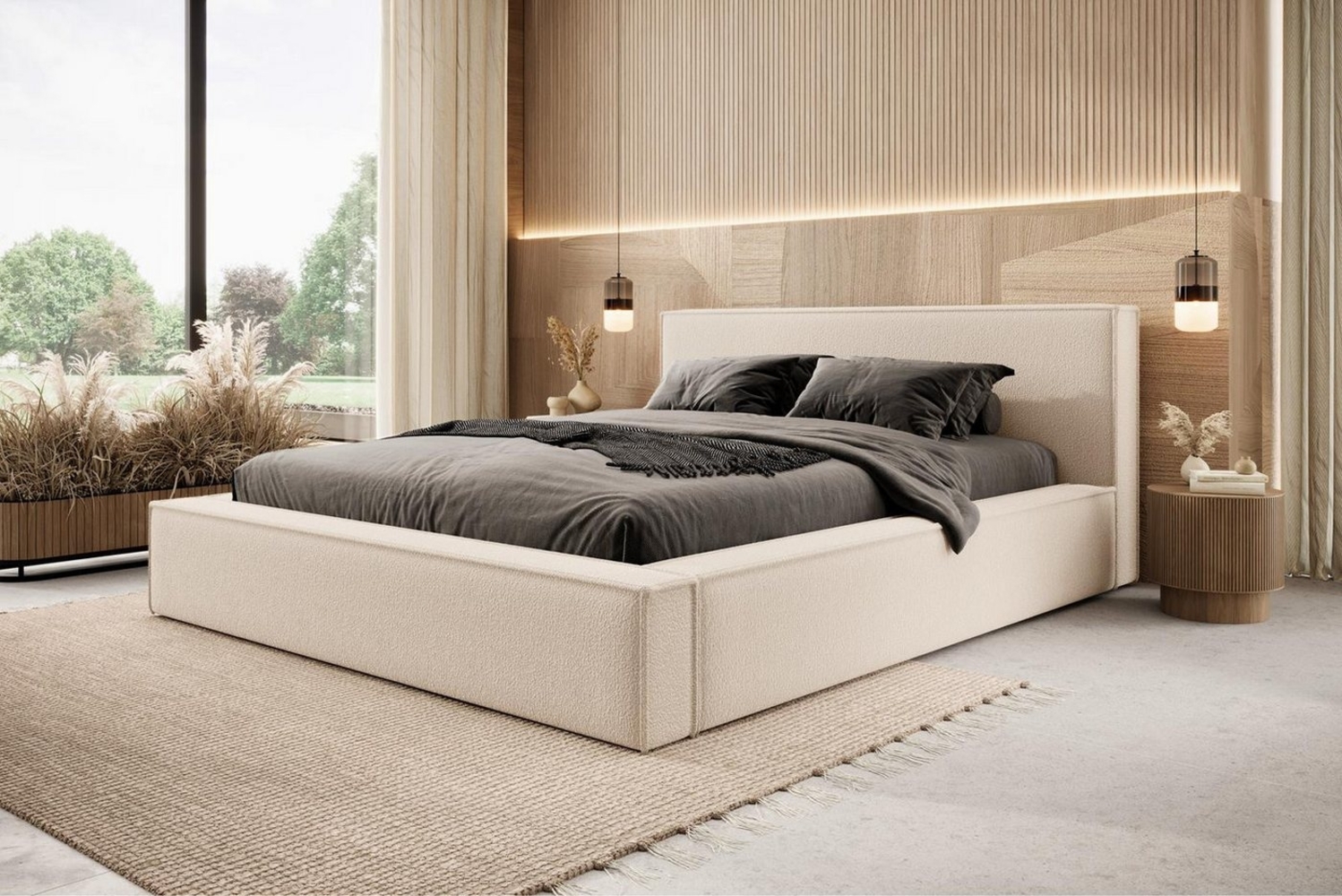 Compleo Polsterbett Boucle-Bett mit Stauraum, Doppelbett mit Kopfstütze Bild 1