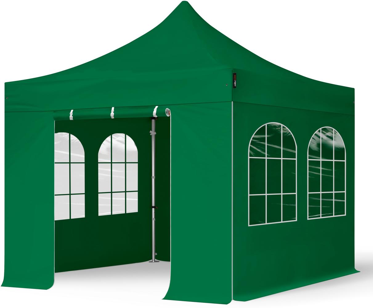 3x3 m Faltpavillon PROFESSIONAL Alu 40mm, Seitenteile mit Sprossenfenstern, dunkelgrün Bild 1