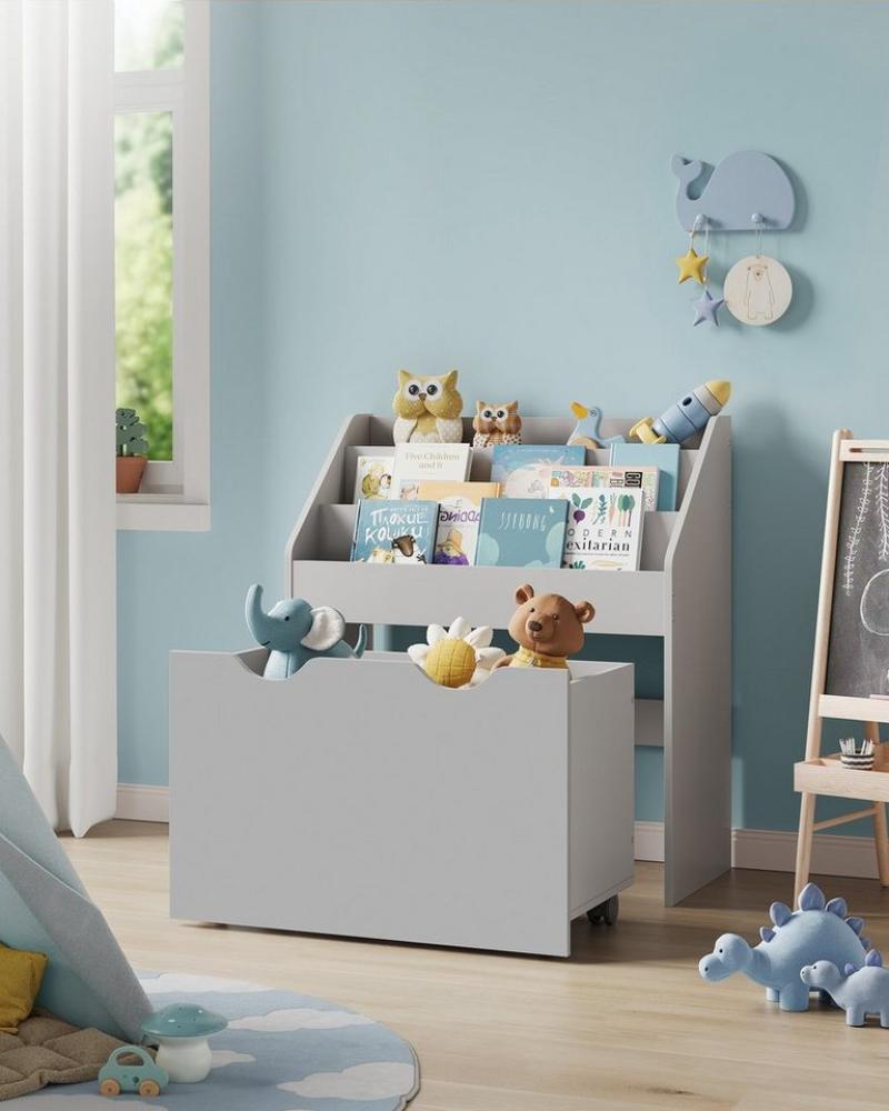 SONGMICS Bücherregal für Kinder, mit 3 Regalebenen und Aufbewahrungsbox auf Rollen, MDF Taubengrau 29,5x62,5x70cm Bild 1