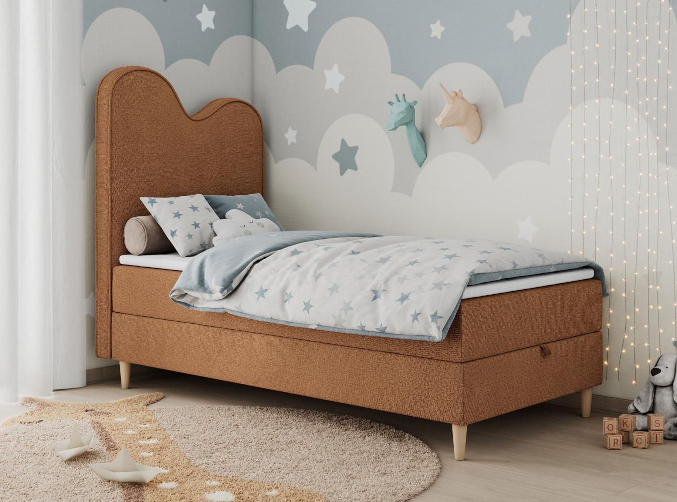 Kinderbett FLOW, Boxspringbett für Kinder, mit hohem Kopfteil, Einzelbett mit Matratze - 90x160 - Orange Stoff - Topper Visco Bild 1