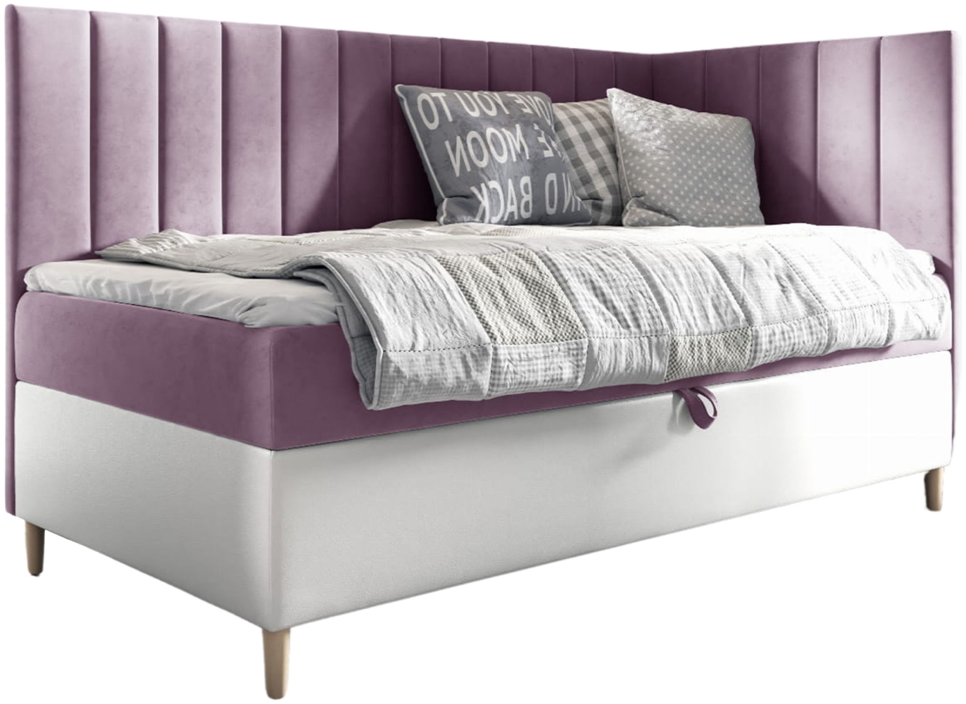 MEBLINI Kinderbett mit Bettkasten MAYA 3 90x200 Rechts – H3/Lila Samt Gepolstert Einzelbett mit Matratze - Polsterbett mit Stauraum - Bett mit Kopfteil – Stauraumbett Bild 1