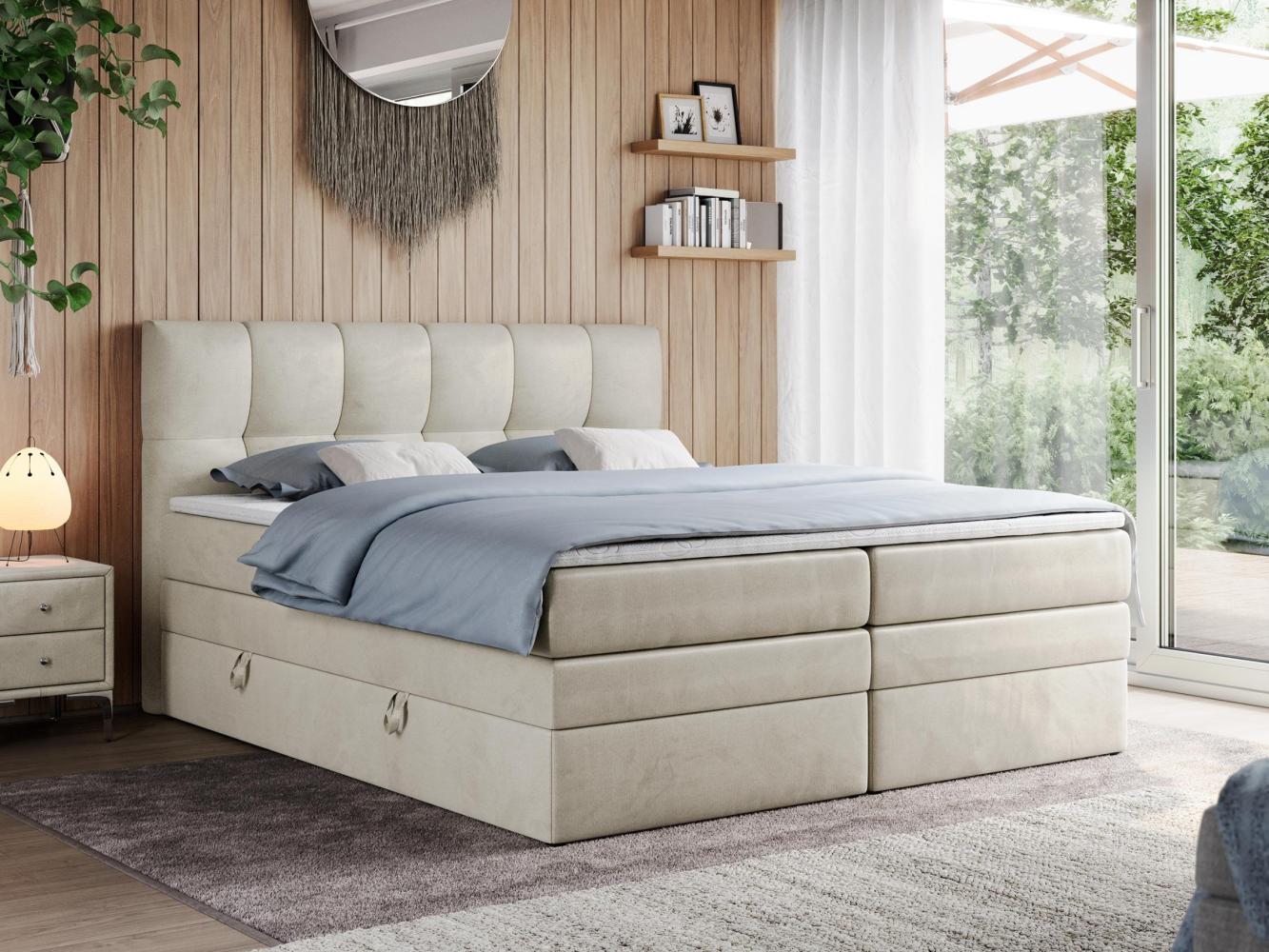 Boxspringbett mit Doppelmatratze - ALVIN-KING Beige 140 x 200 cm Velours Hart (H4) Bild 1