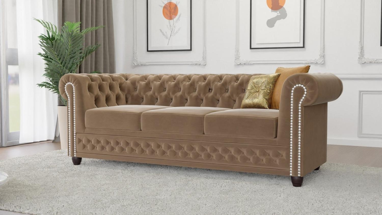 S-Style Möbel Chesterfield-Sofa Chesterfield Lena 3 sitzer Sofa aus Samt-Stoff mit Holzfüßen, 3-Sitzer, mit Wellenfederung Bild 1