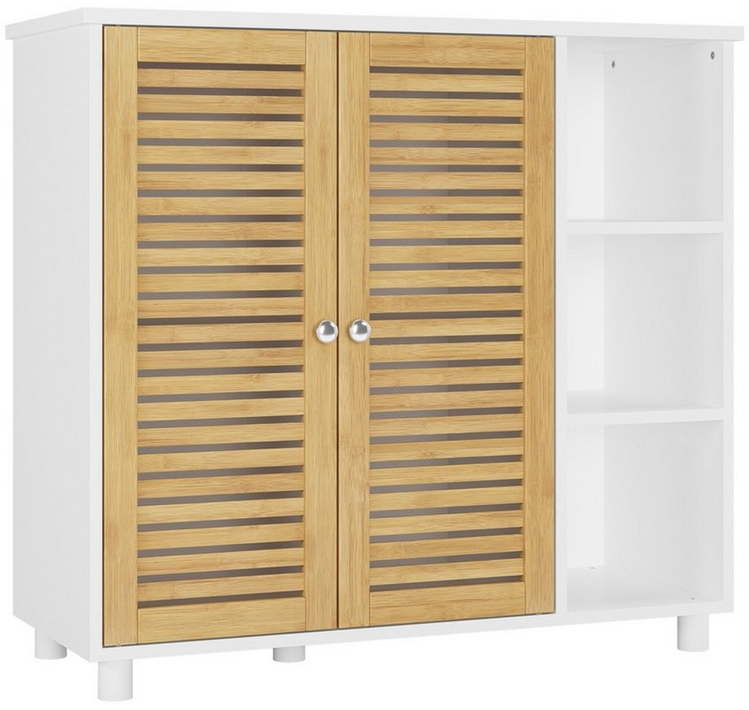 MSMASK Badkommode Badezimmerschrank mit 3 Offenen Regalen und 2 Bambustüren, 77 × 30 × 80 cm Bild 1