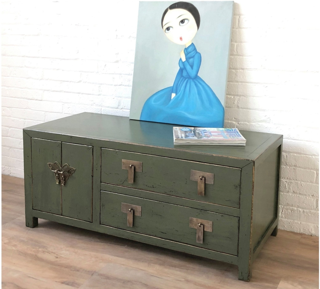 Vintage TV-Stand Olivgrau Kommode Sideboard Lowboard chinesisch asiatisch Kolonial-Stil Antik-Stil Schrank orientalisch Fernost shabby-chic Landhaus Bild 1