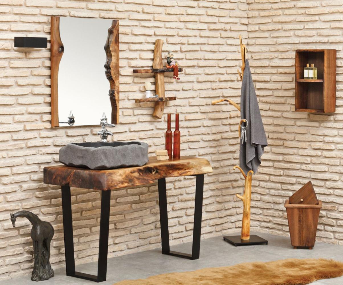 Casa Padrino Designer Badezimmer Set Naturfarben / Braun / Grau / Schwarz - Massivholz Badezimmer Möbel mit Vulkanstein Waschbecken - Luxus Qualität Bild 1