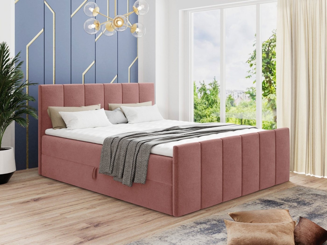 Boxspringbett Star Lux mit Fußteil, 2 Bettkästen und Matratzentopper - Doppelbett mit Topper, Bonell-Matratze, Polsterbett, Bett (Pink (Kronos 29), 140 x 200 cm) Bild 1