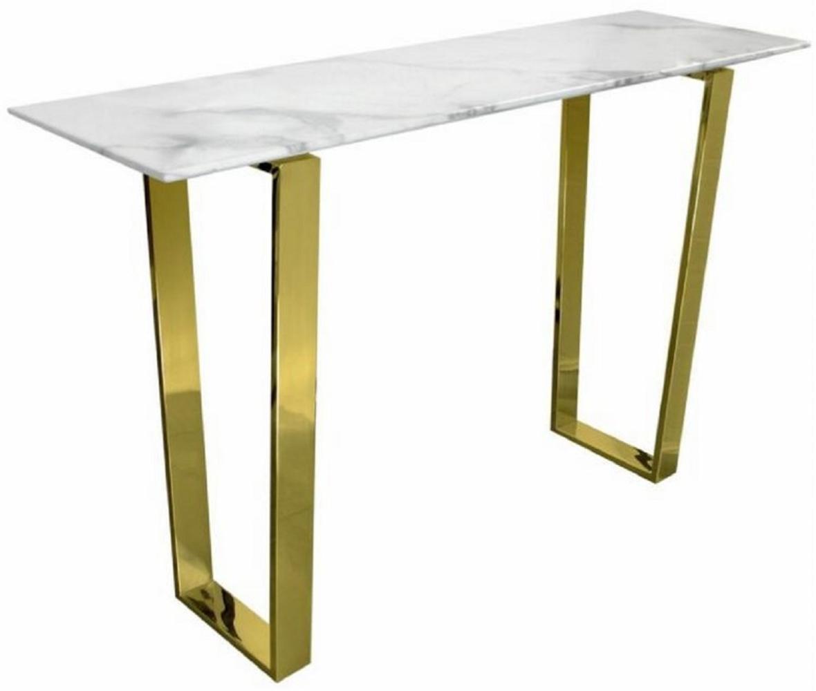 Casa Padrino Luxus Konsole Weiß / Gold 122 x 36 x H. 76 cm - Moderner Konsolentisch mit synthetischer Marmorplatte und Stahlbeinen - Wohnzimmer Möbel Bild 1