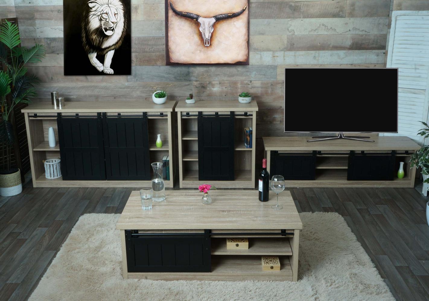 Wohnzimmerset aus TV-Rack, Sideboard, Kommode und Couchtisch HWC-K75, Schiebetür Staufächer, Industrial ~ naturfarben Bild 1