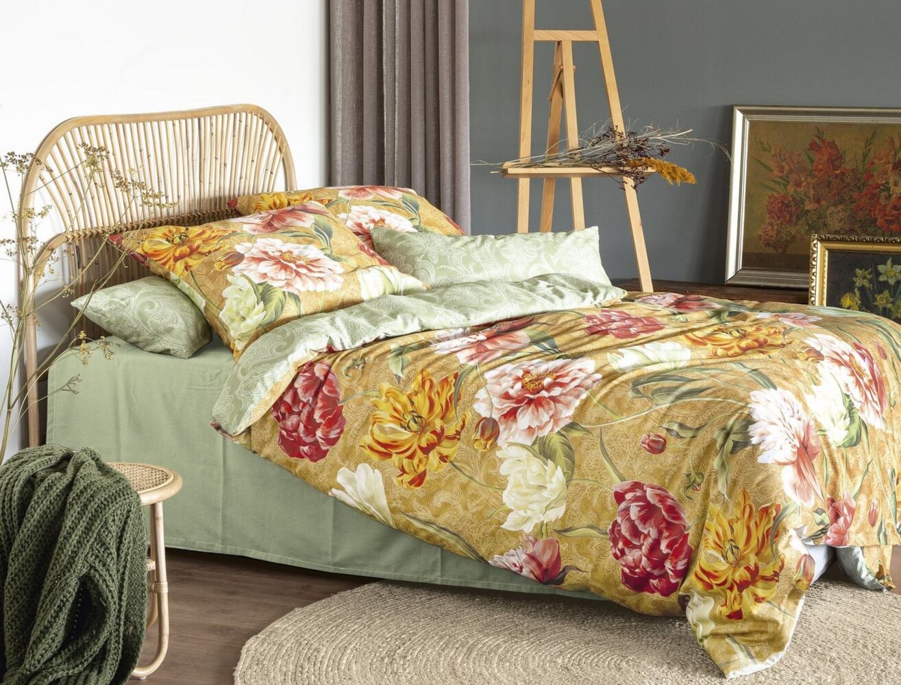 Irisette Magic Mako-Satin Bettwäsche 155x220 Blumen Wende gold jade 8856-40 Bild 1