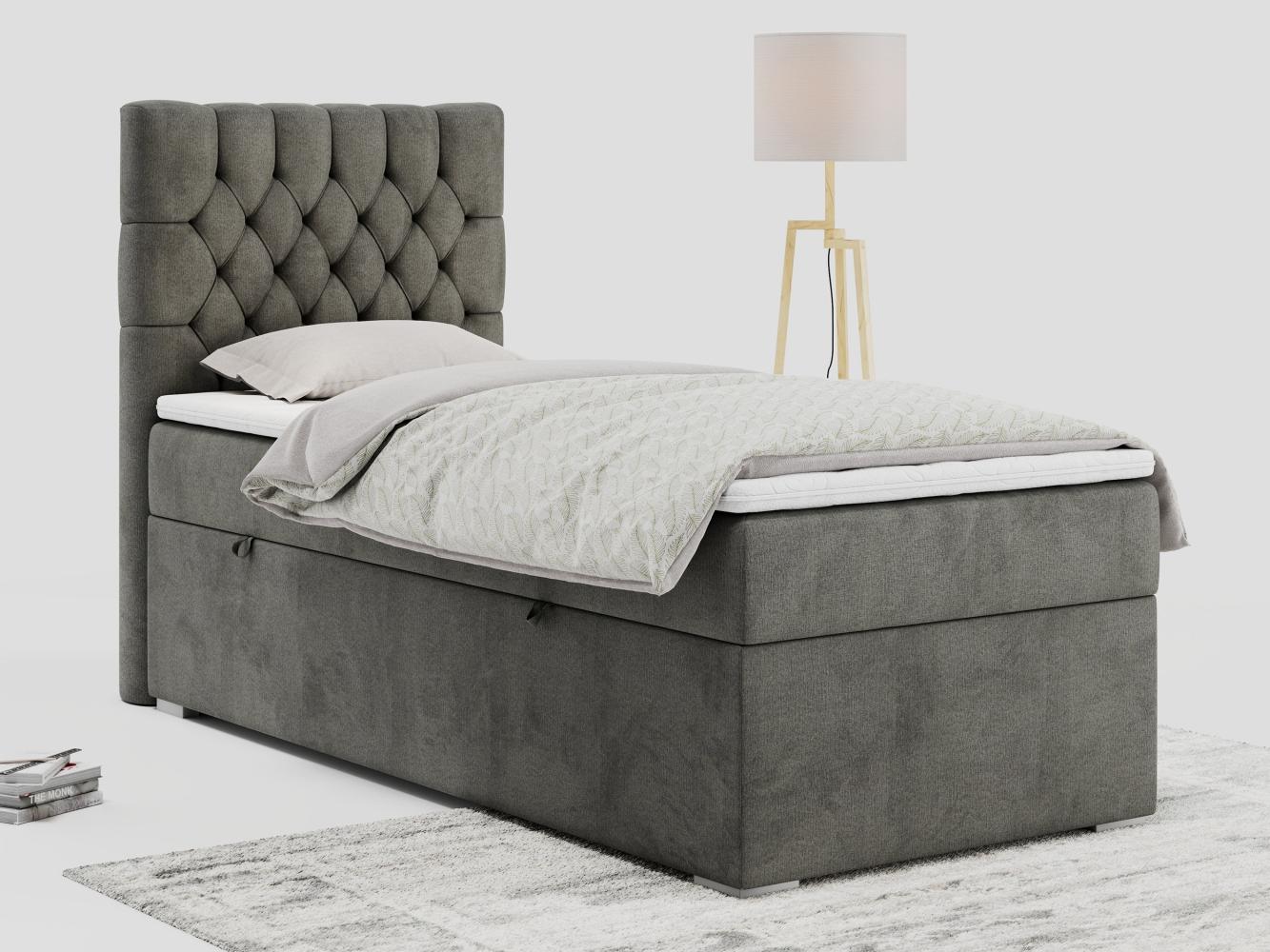 Boxspringbett PERA, Polsterbett mit Kopfstütze, gepolsterte Kopfstütze, Einzelbett, 90x200 - Dunkelgrau Velours - links - H3 Bild 1