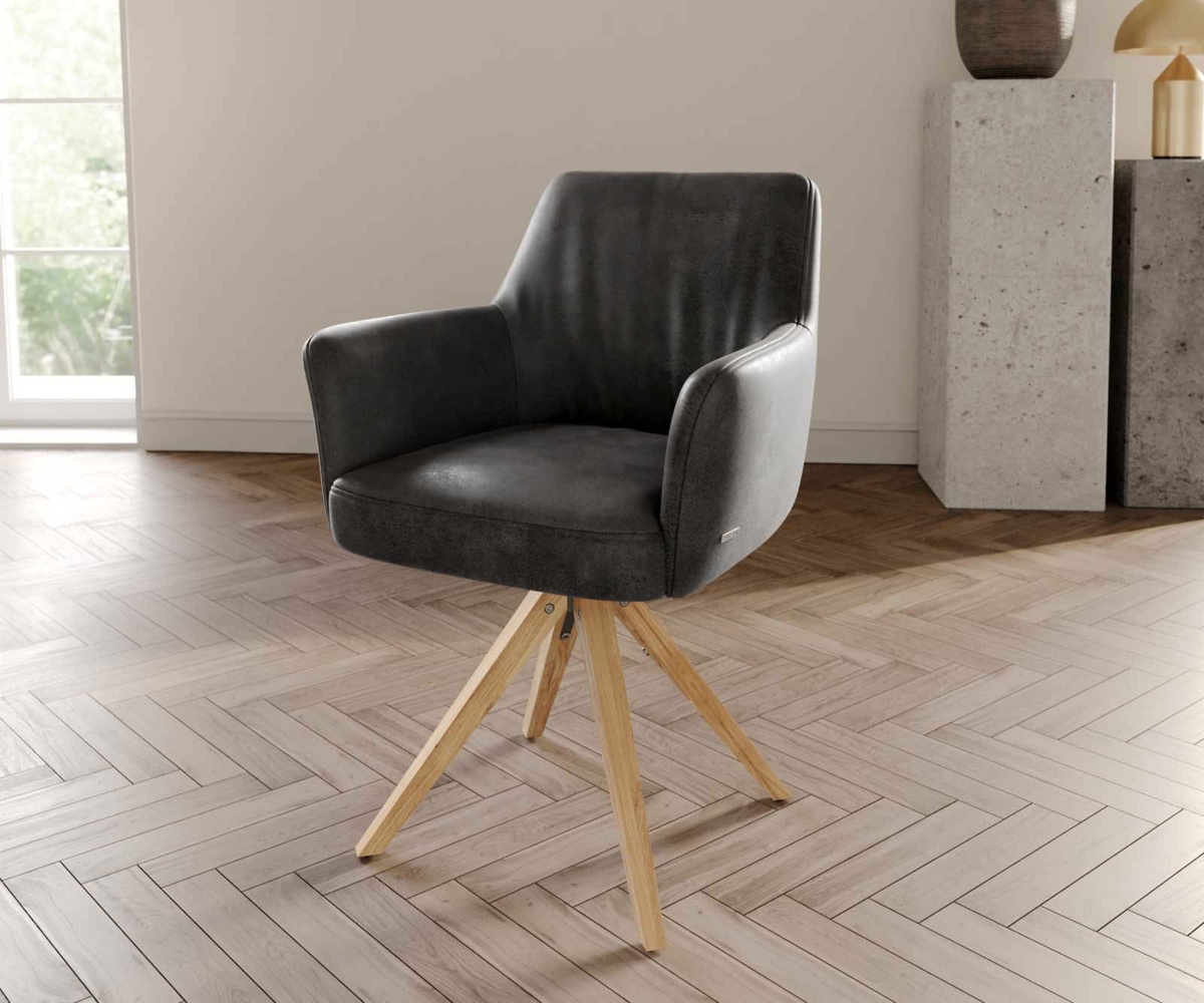 Drehstuhl Xana-Flex mit Armlehnen Mikrofaser Anthrazit Vintage Holzgestell kantig Natur 180° drehbar Taschenfederkern Bild 1