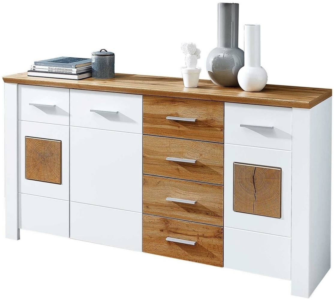 Vito Sideboard MATERIO, B 164 x H 86 cm, Weiß matt, Eiche Altholz Dekor, 3 Türen und 4 Schubladen Bild 1