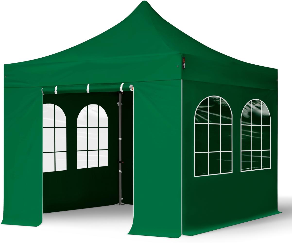 3x3 m Faltpavillon, PREMIUM Stahl 40mm, Seitenteile mit Sprossenfenstern, dunkelgrün Bild 1