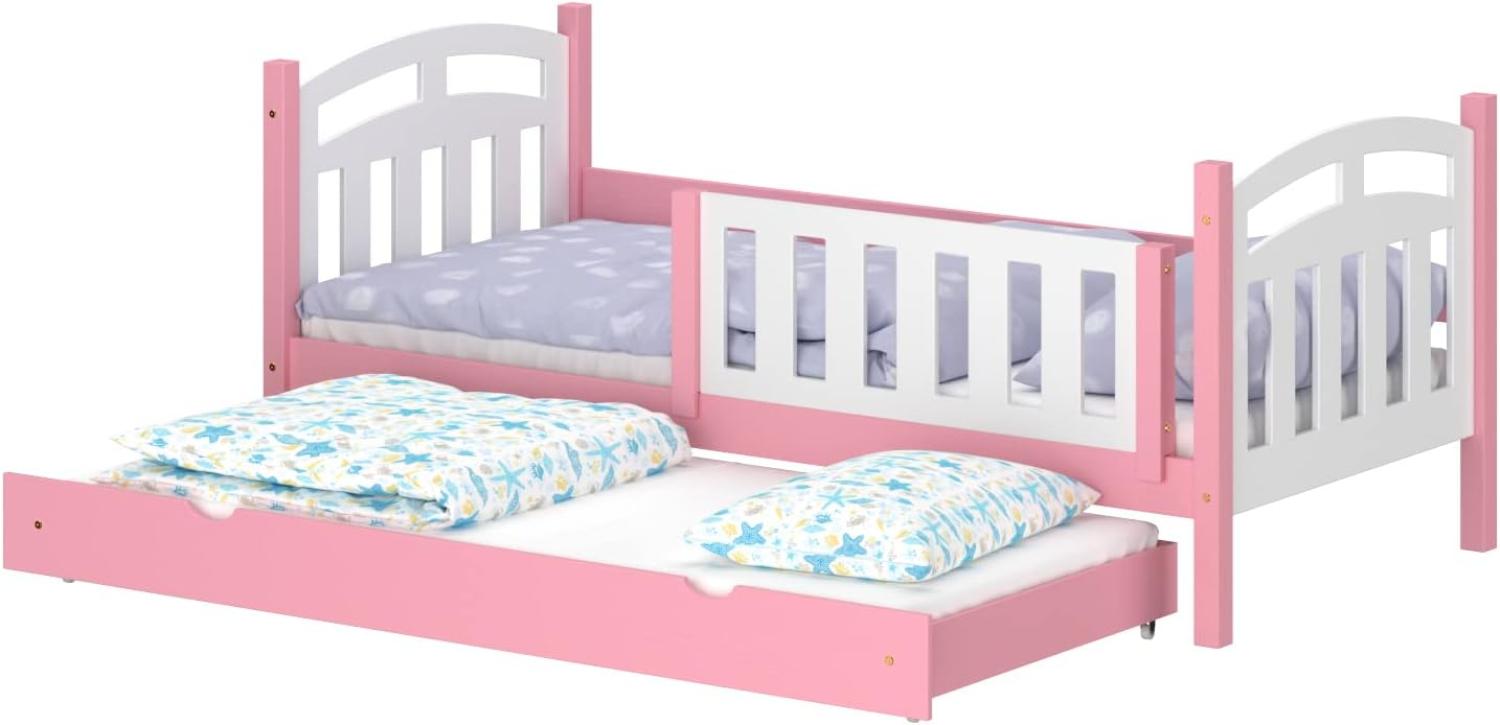 WNM Group Kinderbett Ausziehbar Suzie - aus Massivholz - Ausziehbett fr Mdchen und Jungen - Hohe Qualitt Bett mit Rausfallschutz fr Kinder 180x80 / 170x80 cm - Rosa Bild 1