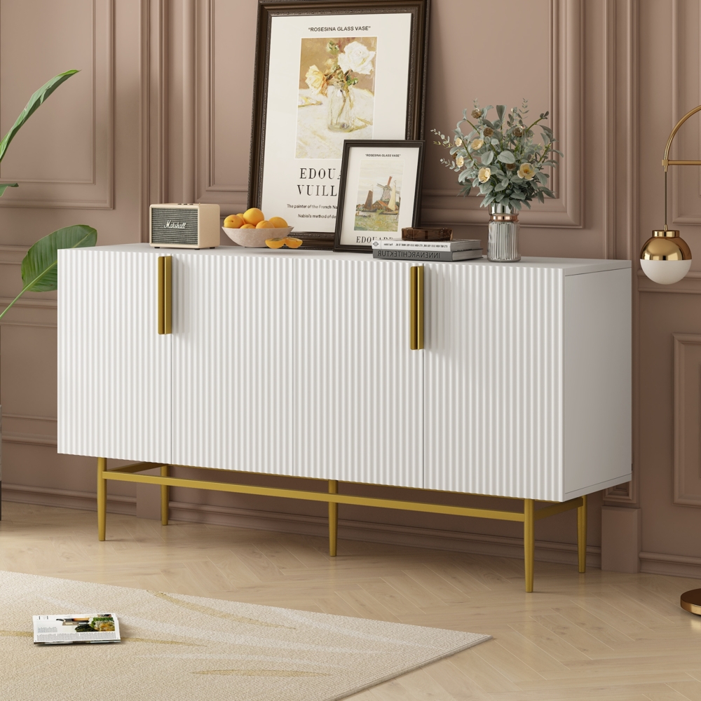 Merax Modernes, elegantes Sideboard mit 4 Türen, goldfarbener Metallgriff, Buffetschrank für Esszimmer, Wohnzimmer, Schlafzimmer, Flur (Weiß) Bild 1