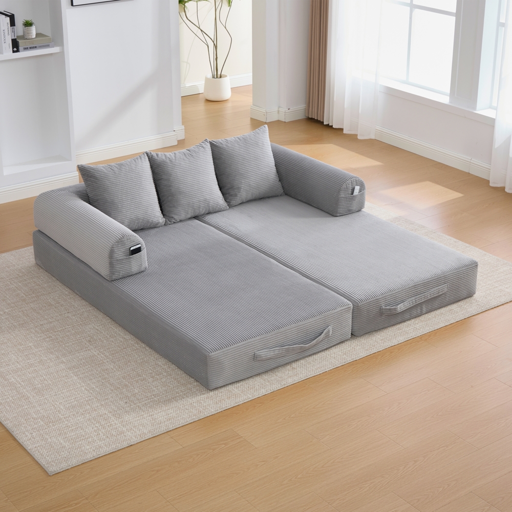 LVHOM Schlafsofa 3 Sitzer, Klappsofa mit Schlaffunktion, Bodensofa, Polstersofa aus CordStoff, Schlafcouch dauerschläfer, frei Kombination, 200x94x67 cm, Hellgrau Bild 1