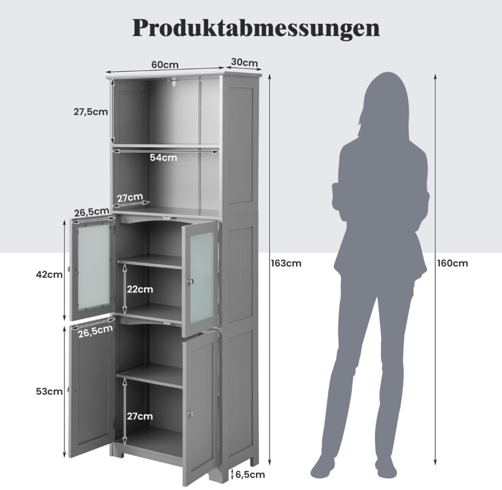 163 cm hoher Badezimmerschrank freistehender Vorratsschrank mit Glastüren & verstellbaren Regalen Grau Bild 1