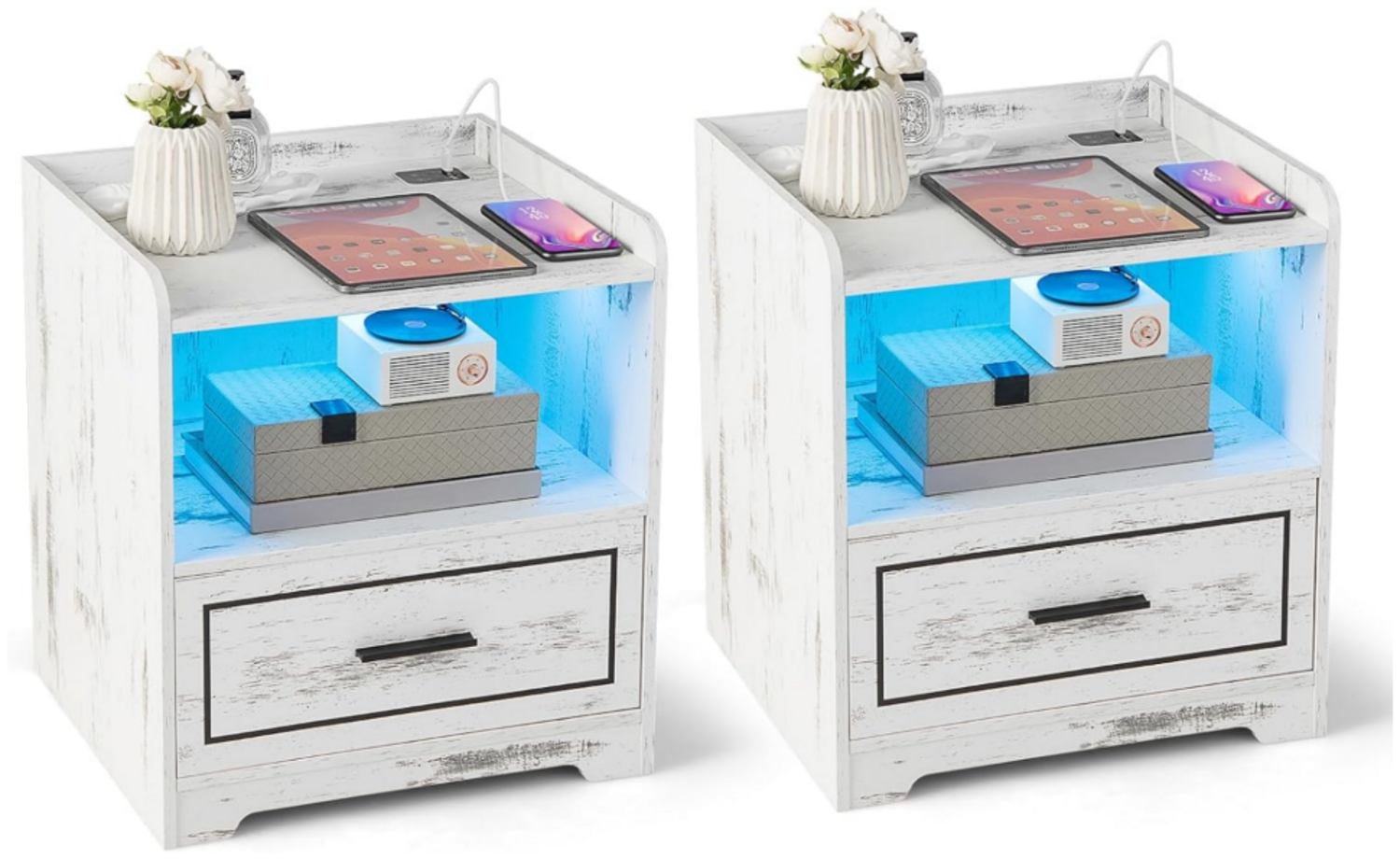 2er Set Nachttisch mit LED Licht USB-Anschluss und Typ-C-Ladestation Nachtschrank mit Bewegungssensor Weiß Bild 1