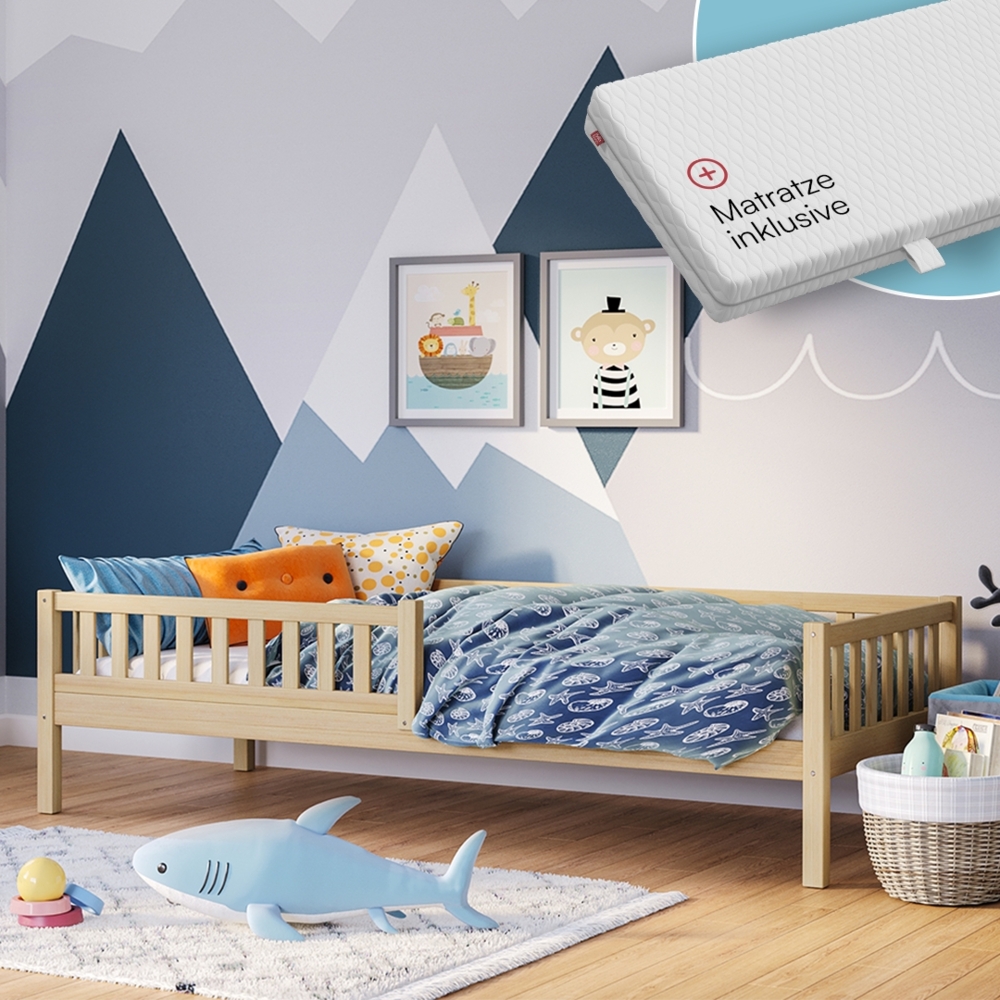 Bellabino 'Vils' Kinderbett 90x200 cm mit Matratze, natur, Kiefer Massivholz, Montessori Bett mit Lattenrost und mit abnehmbarem Rausfallschutz Bild 1