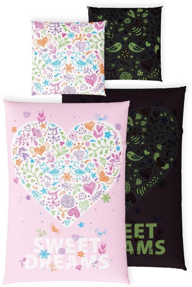 Carpe Sonno Kinderbettwäsche 135x200 +10 SPIELE +KINDERBUCH Baumwoll Bettwäsche Kind Jungen Mädchen, Renforcé, 2 teilig, Süße Rosa Bettwäsche geblümt Herz Blumen Bunt Herzchen Bild 1