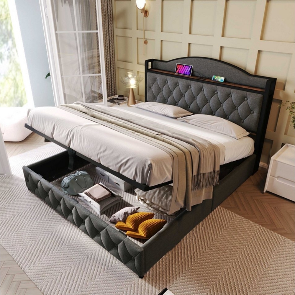 BlingBin Stauraumbett Polsterbett mit Lattenrost Ohne Matratze (1-tlg, Doppelbett mit USB Typ C Ladefunktion), Lattenrost aus Metallrahmen, 140 x 200 Bild 1