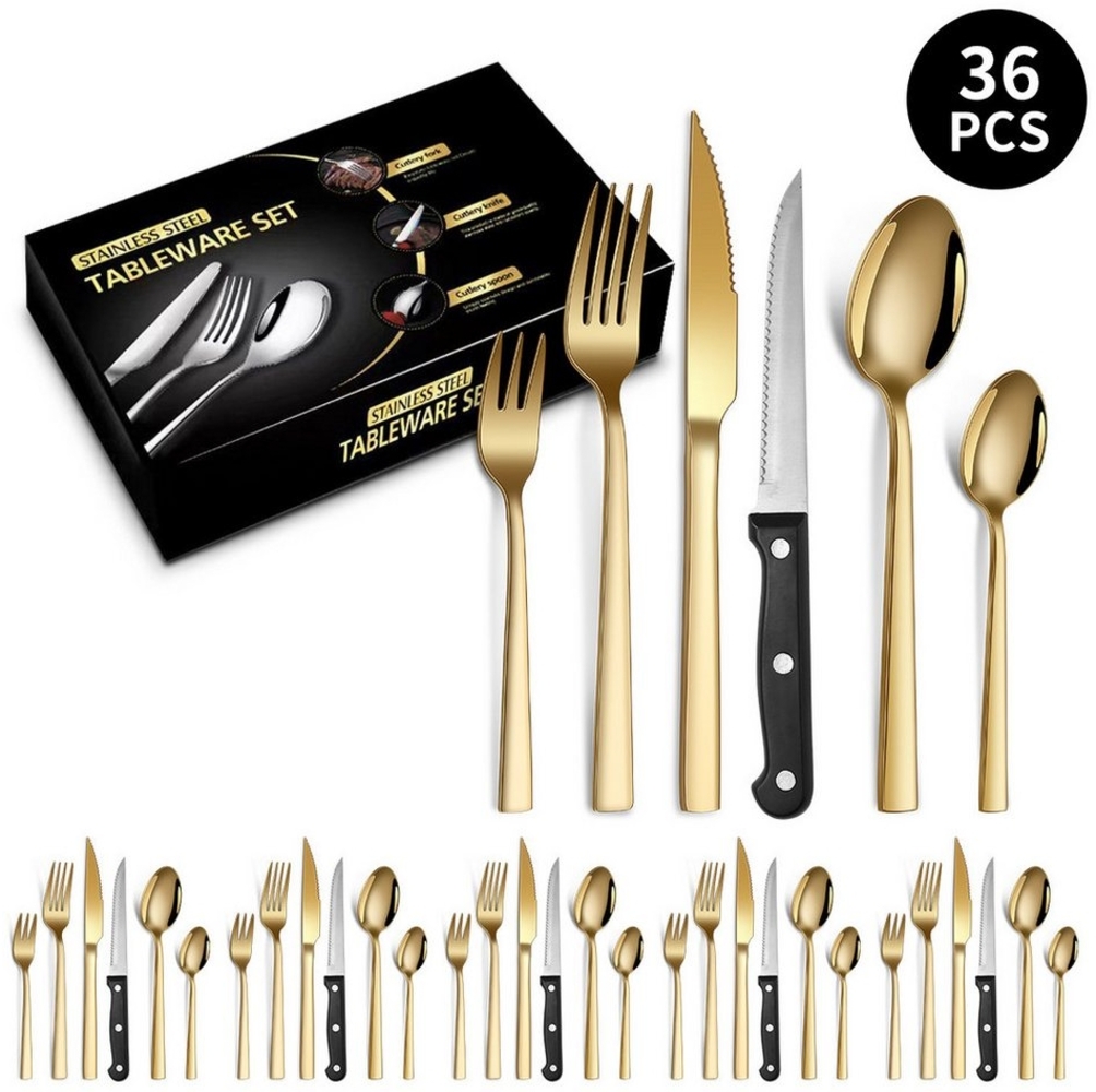 ibettertec Besteck-Set Besteck Set für 6 Personen,36teiliges Edelstahl Essbesteck&Steakmesser, 6 Personen, Elegantes/Modernes Besteckset,Besteck Set für Restaurant,Hotel,Zuhause Bild 1