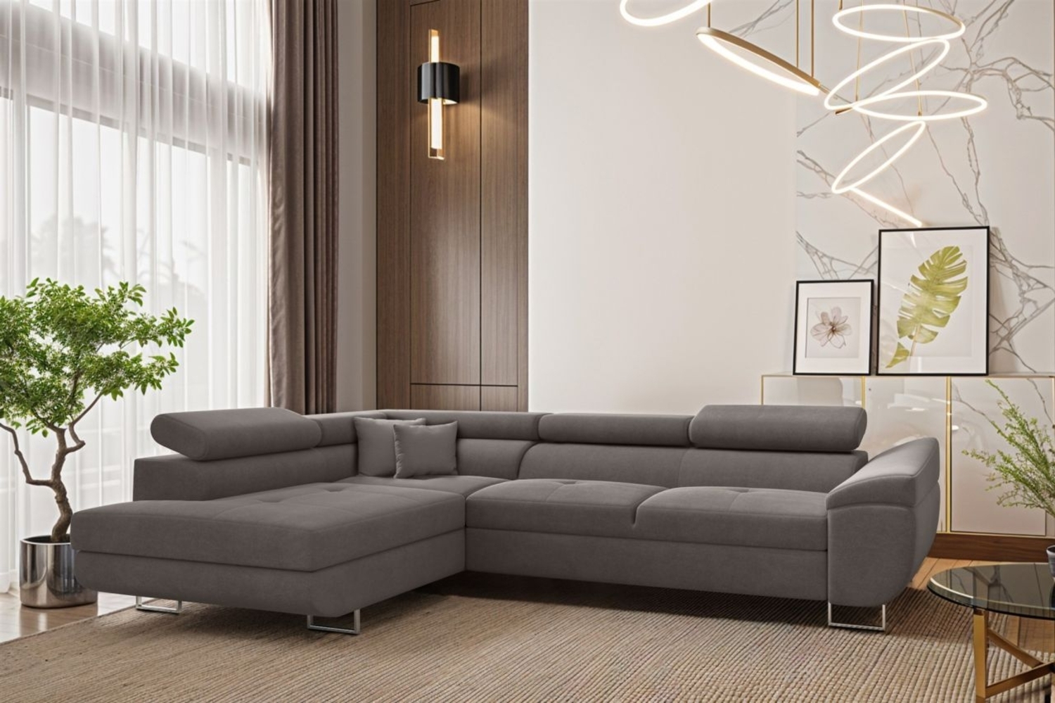 Ecksofa Schlafsofa Sofa CARMELO in Stoff Nova Grau Ottomane Links Bild 1