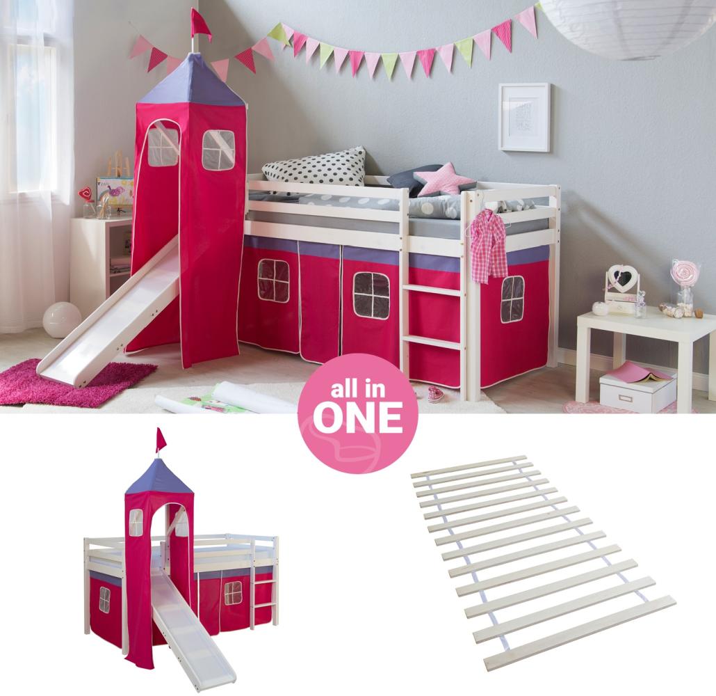 Homestyle4U Hochbett mit Lattenrost, Turm, Rutsche, Vorhang, Pink, 90x200 Bild 1