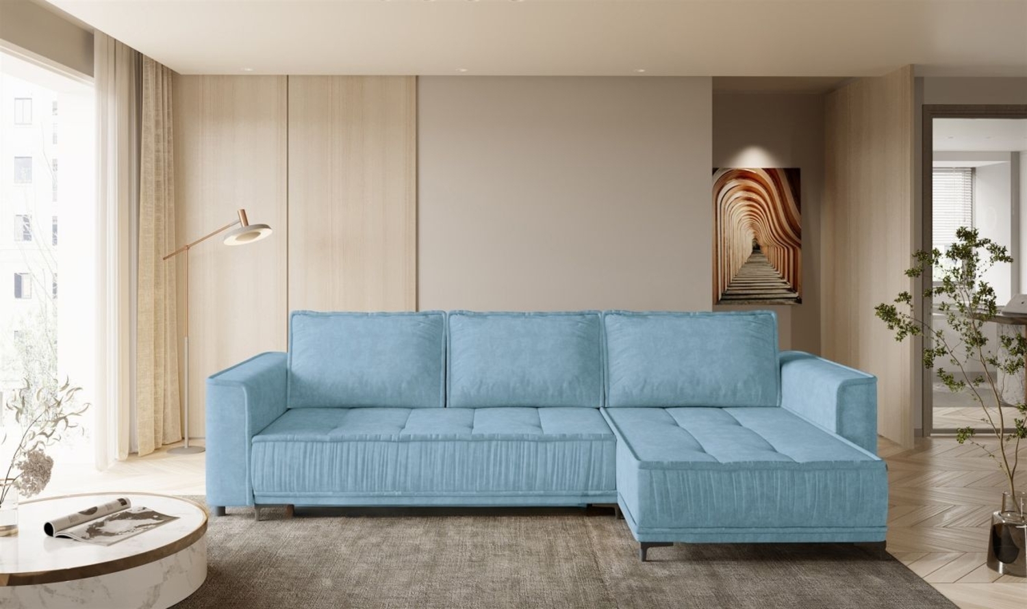 Ecksofa Schlafsofa Sofa JUNA Stoff Terra Azurblau Ottomane Rechts Bild 1