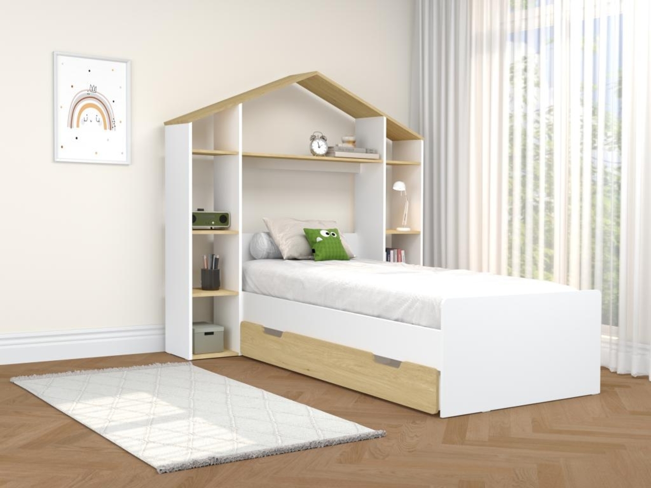 Vente-unique - Hausbett + Matratze - 90x190 cm - Weiß & Holzfarben - JERACO Bild 1