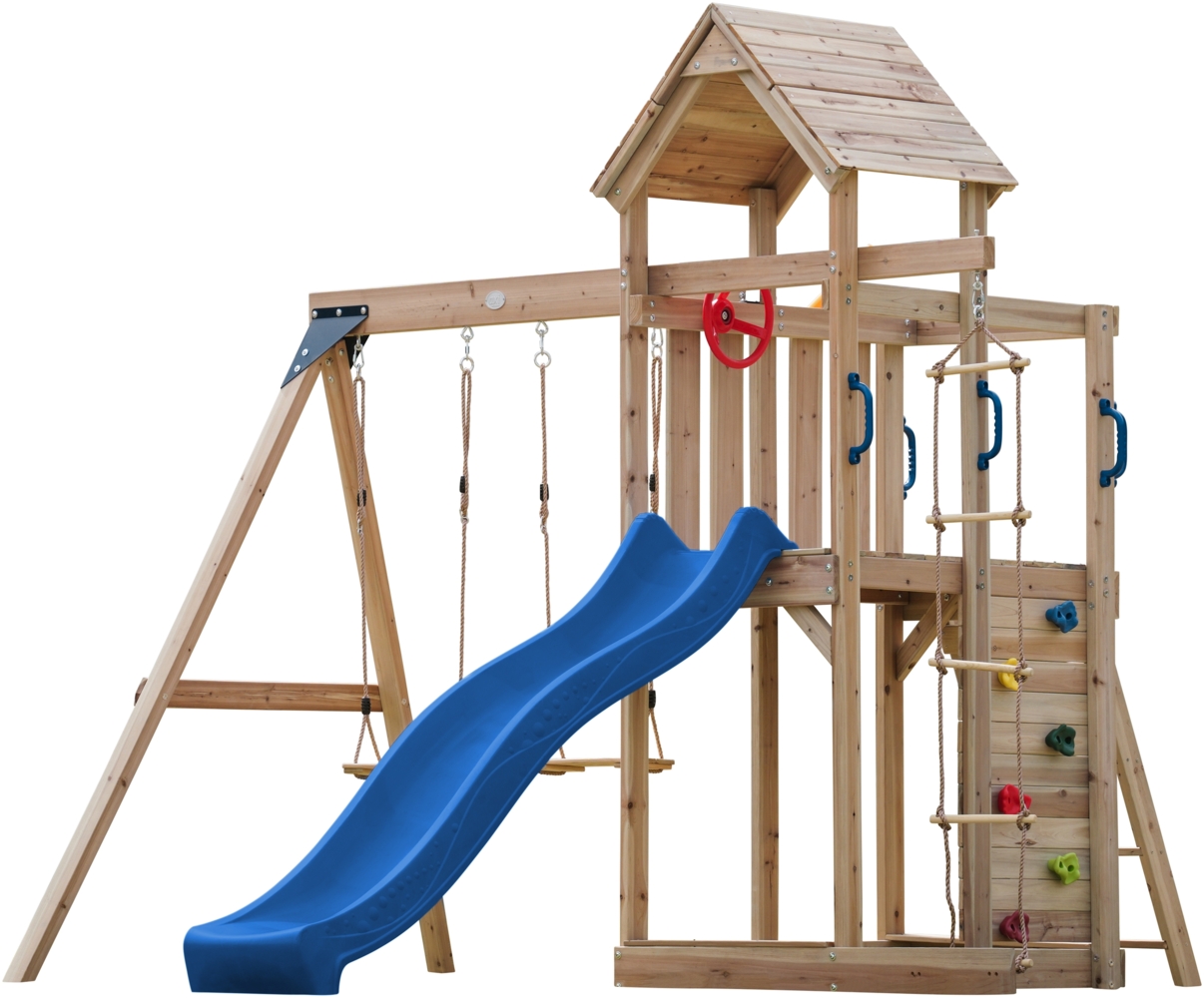 AXI Moos Spielturm aus Holz mit 2 Schaukeln & Strickleiter XXL Spielhaus / Spielplatz für Kinder mit Kletterwand, Sandkasten & Rutsche in Blau | Braun, grün | Holz | 375 cm Bild 1