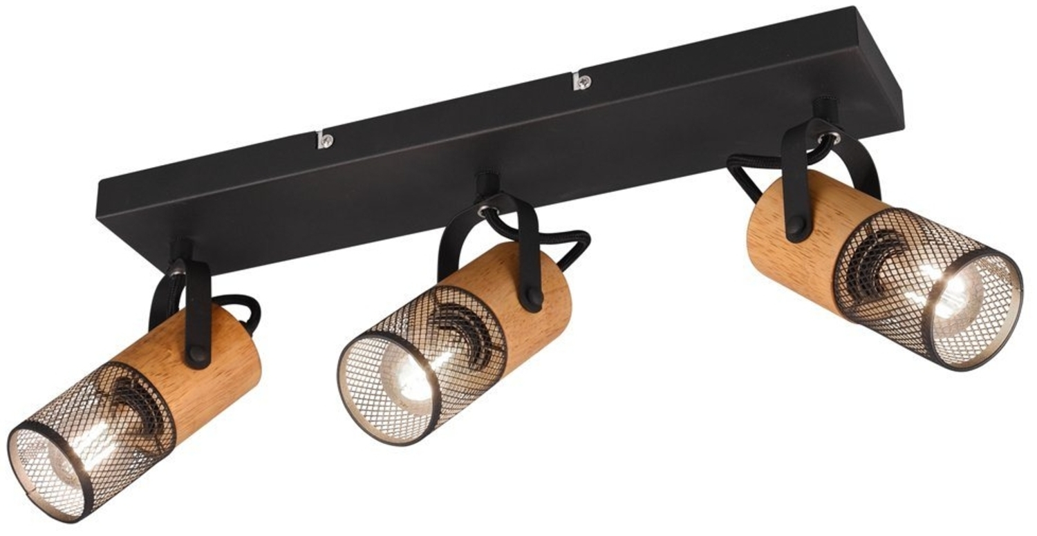 LED Deckenstrahler 3-flammig, Schwarz mit Holz & Gitterschirmen, Breite 44cm Bild 1