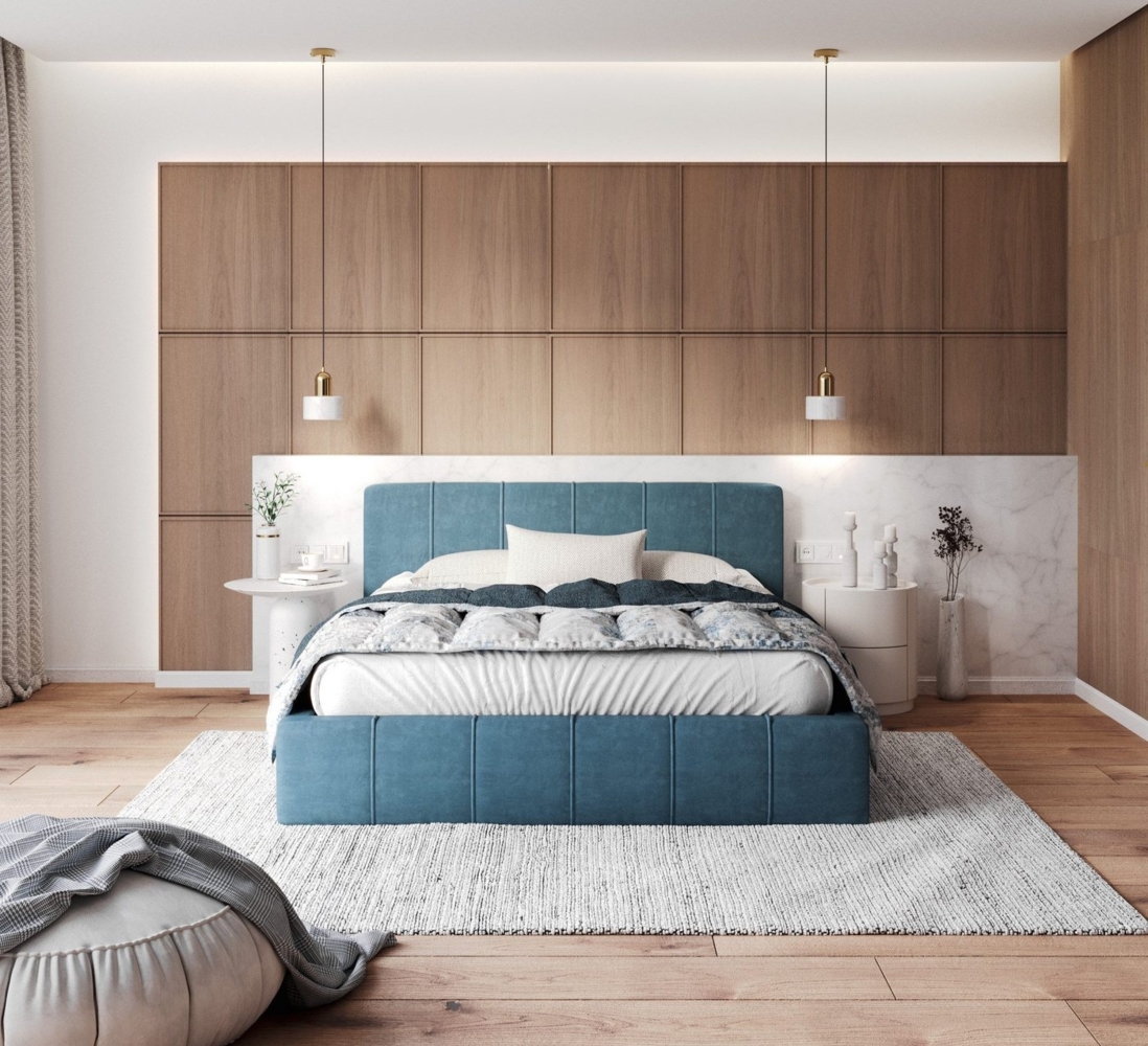 FDM Polsterbett Velours Stauraumbett - TOPSELLER - MADE IN EU - (verfügbar 90x200 120x200 140x200 160x200 180x200cm, Bettrahmen, Bett, Optional mit Matratze bestellbar, mit großen gepolsterten Kopfteil, mit Bettkasten zum aufklappen), Metallrahmen mit ... Bild 1