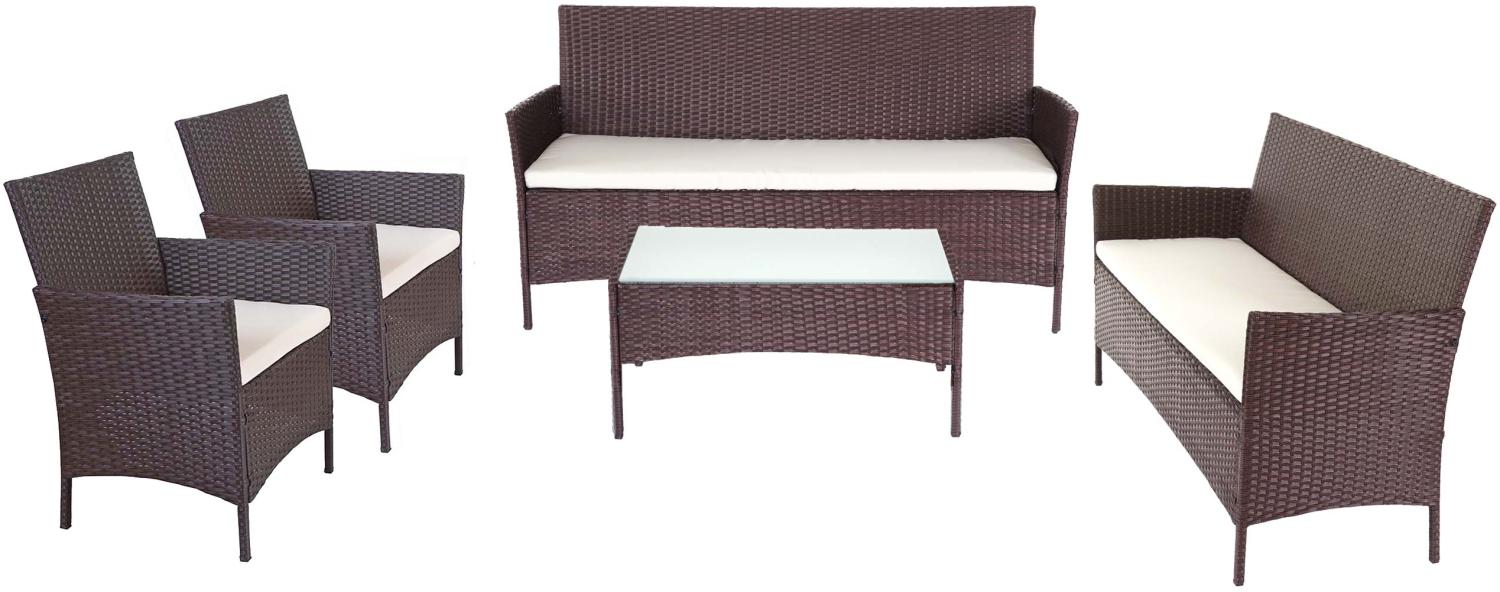 3-2-1-1 Poly-Rattan Garten-Garnitur Halden, Lounge-Set Sitzgruppe Sofa ~ braun-meliert, Kissen creme Bild 1