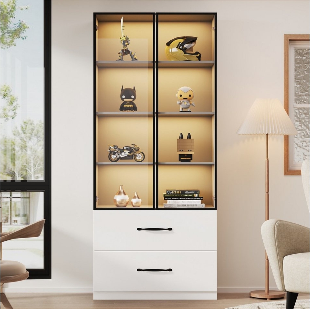Merax Glasvitrine mit LED-Beleuchtung (60x40x160cm, 1-St, für Wohnzimmer Schlafzimmer) Vitrine mit 2 Schubladen, Hochschrank Stehend Vitrinenschrank Bild 1