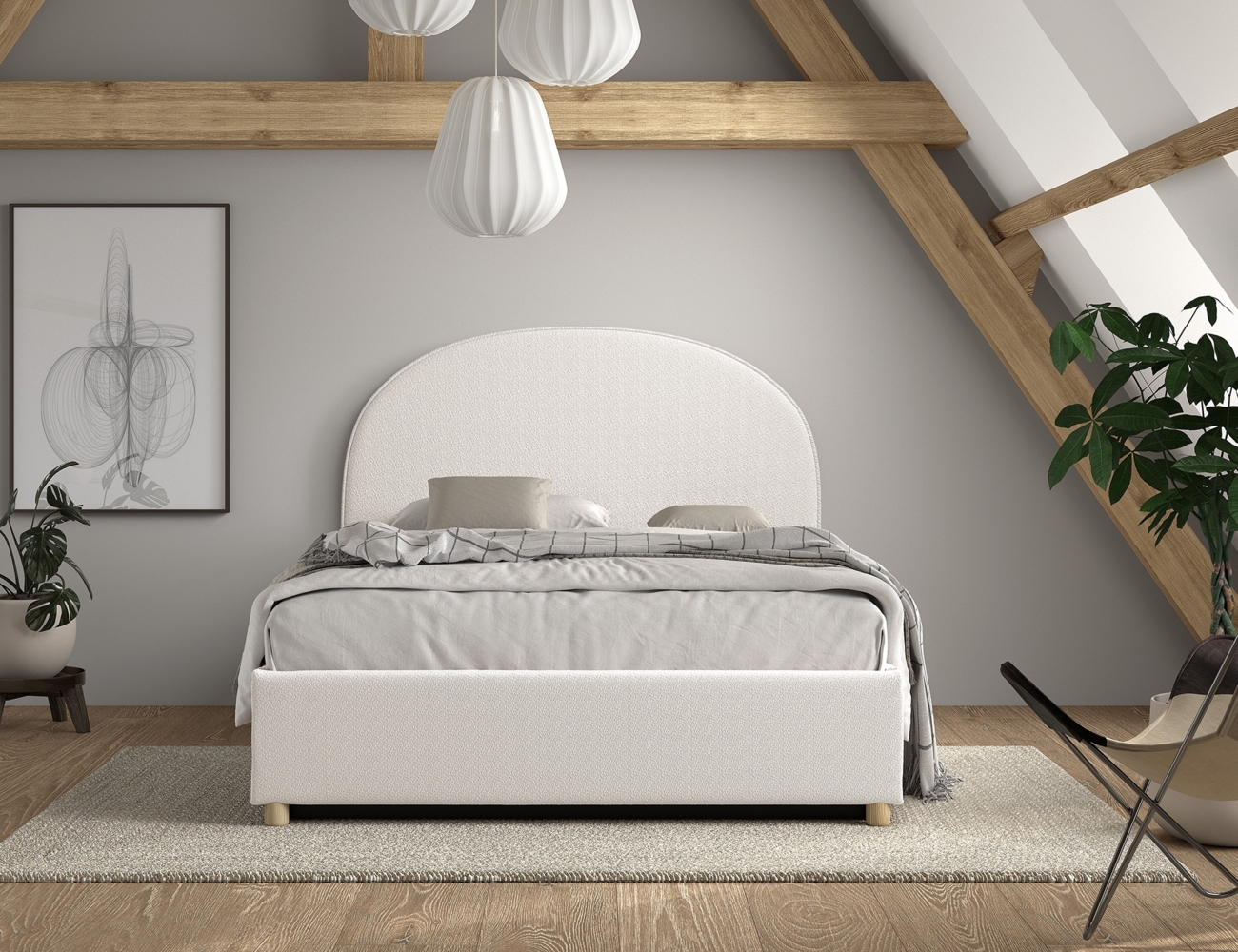 MOON Polsterbett 140 x 200 cm mit Bettkasten, inkl Lattenrost, Bezug trendiger Boucle Stoff in Weiß Bild 1