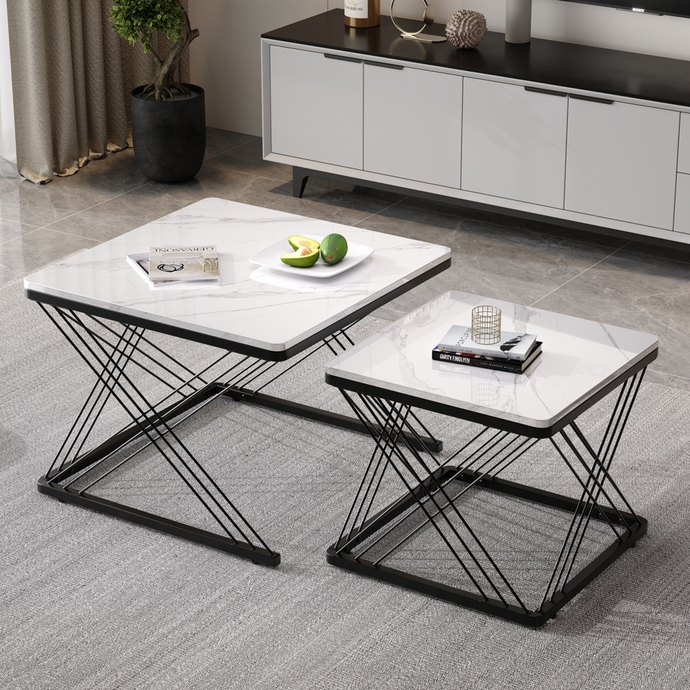 Merax 2-teiliges Couchtisch-Set, hochglänzende Marmoroptik, höhenverstellbare Füße, bis 30kg belastbar,Hochglanz-Kombi-Couchtisch, Weiß & schwarz Bild 1