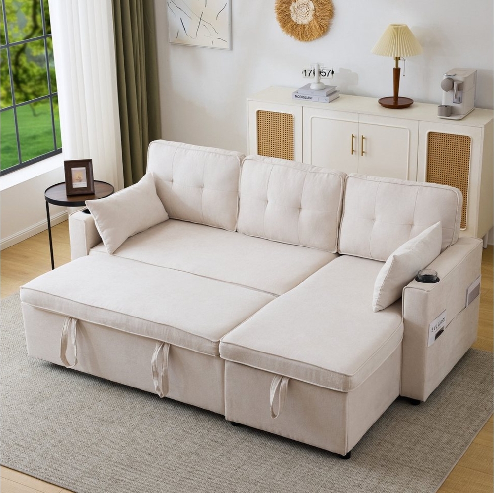 Merax Ecksofa L-Form, Loungesessel mit Schlaffunktion, Seitentasche und Bettkasten Bild 1