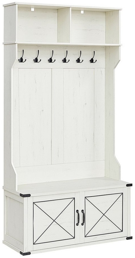 VASAGLE Garderobenständer mit Schuhbank, Garderobe, Schuhschrank, 2 offene Fächer, 6 Dreifach-Haken, Eingangsbereich, Landhausstil, platzsparend, vintageweiß HSRDE430W02 Bild 1