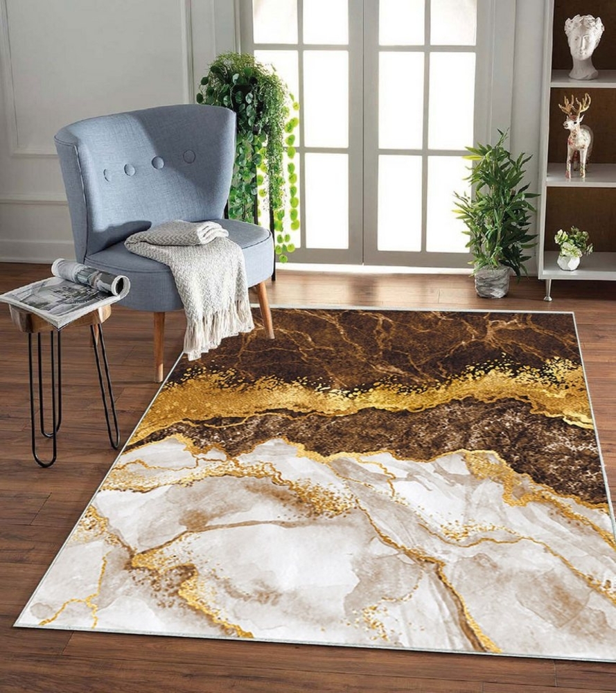 Jungengel Teppich Teppich Aurora Braun Gold Wohnzimmer Flach Marmor Design Waschbar Bild 1