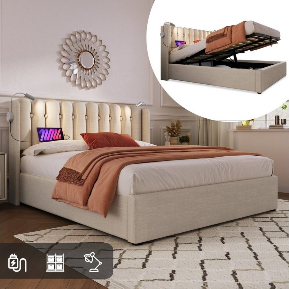 BlingBin Einzelbett Polsterbett (1-tlg, Ladefunktion und Bettkasten, mit Leselicht 160 ×200CM), 2 USB-Ladeanschlüsse,mit lattenrost,Ohne Matratze,Leinen Bild 1