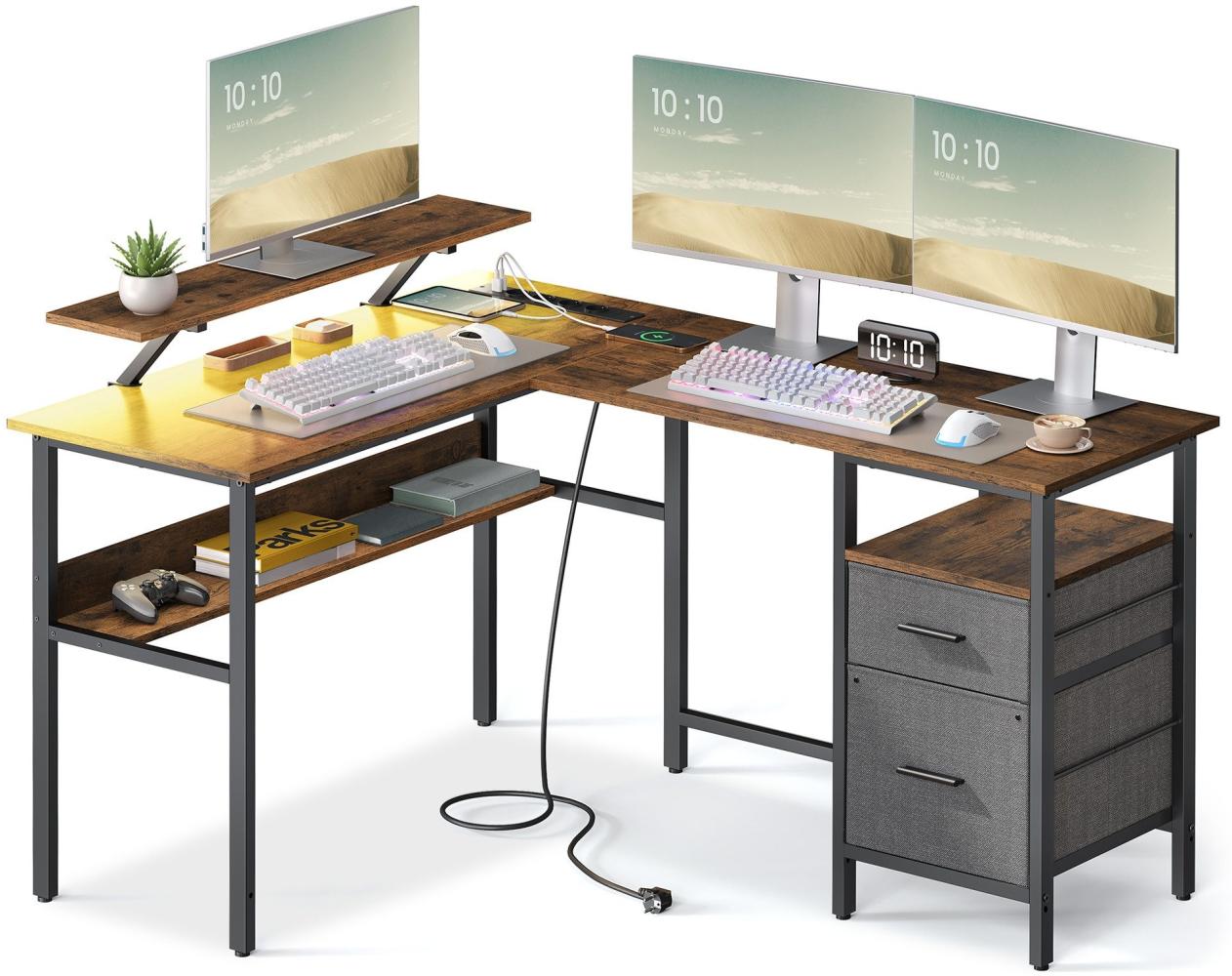 Vasagle L-förmiger Schreibtisch mit Steckdosen, Eckschreibtisch, Computertisch, Monitorständer, Gaming-Tisch, LED-Beleuchtung, USB-Anschlüsse, einfache Montage, Homeoffice, vintagebraun von Songmics Bild 1