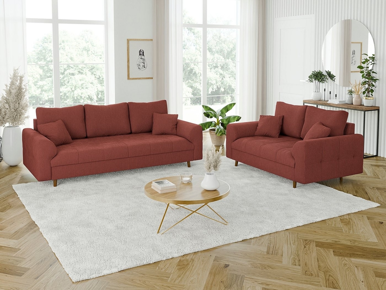 S-Style Möbel Polstergarnitur 3+2 Zara mit Braun Holzfüßen im skandinavischen Stil aus Cord-Stoff, (1x2-Sitzer-Sofa, 1x3-Sitzer-Sofa), mit Wellenfederung Bild 1