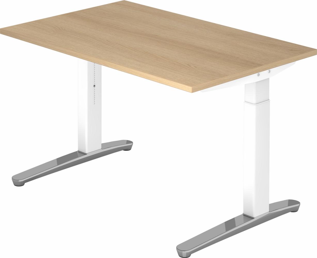 bümö® Design Schreibtisch XB-Serie höhenverstellbar, Tischplatte 120 x 80 cm in Eiche, Gestell in weiß/alu poliert Bild 1